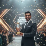 Business profsessional receiving glass trophy on stage at Dubai award ceremony with confetti and applause