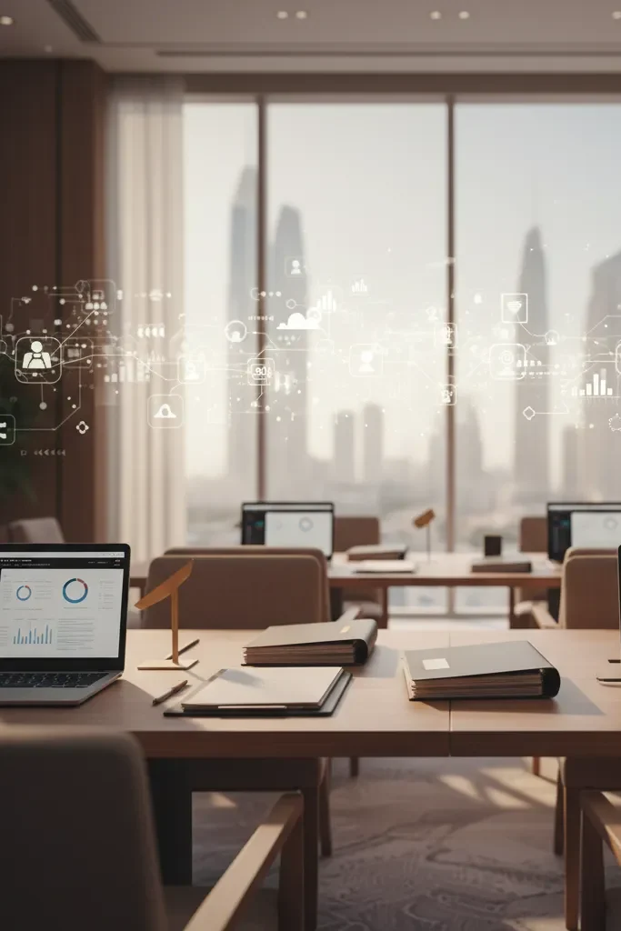Modern networking lounge in Dubai with laptops, documents, and digital connection overlays